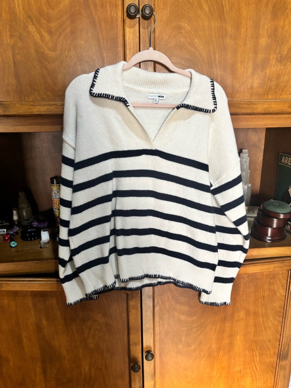 Fashion Nova Cream and Black Striped V-Neck Collared Sweater